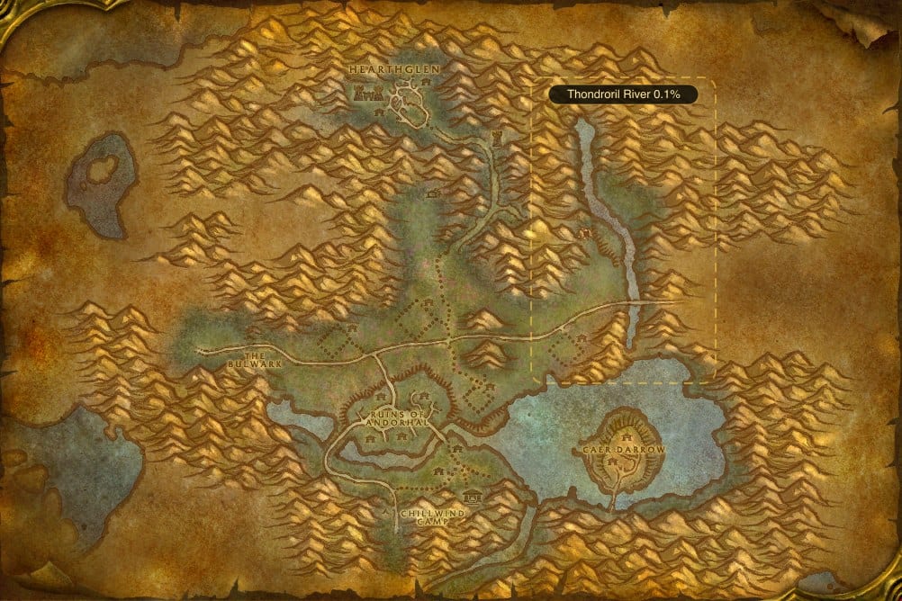 Map of Western Plaguelands showing where to fish Superior Mana Potion: one named stretch of water