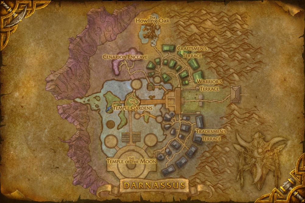 Map of Darnassus, where Lesser Healing Potion is caught in open water