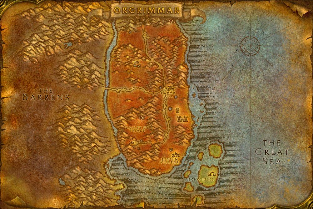 Map of Durotar, where Raw Rainbow Fin Albacore is caught in open water